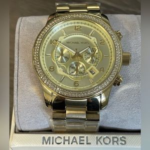 Michael Kors Runway Gold Glitz Chronograph 45mm Oversized Womens Watch MK5575